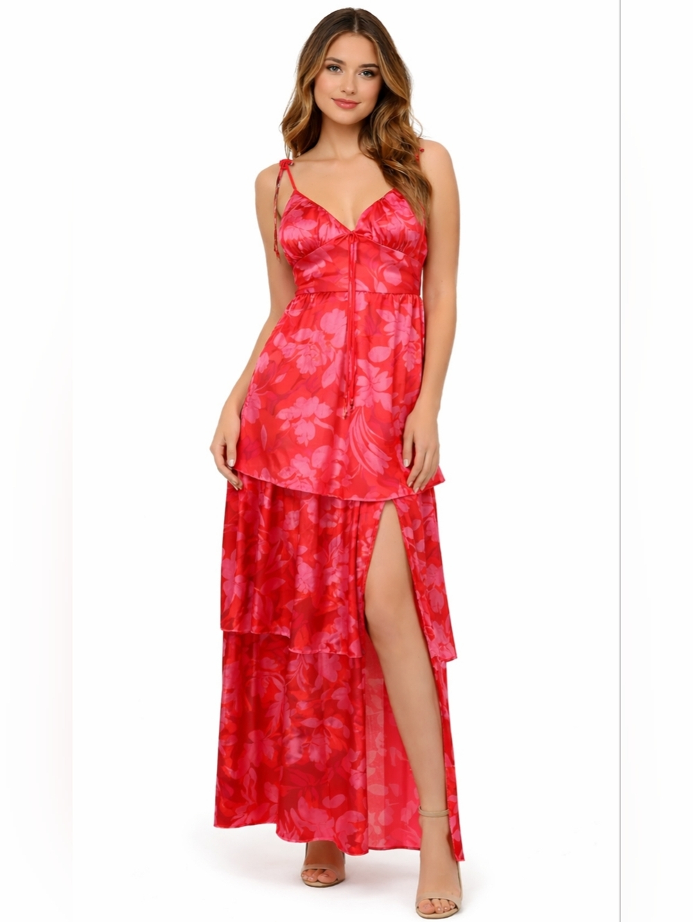 Crystal Doll Floral Satin Tie Strap Tiered Maxi Dress Red Pink Slit Prom Party M